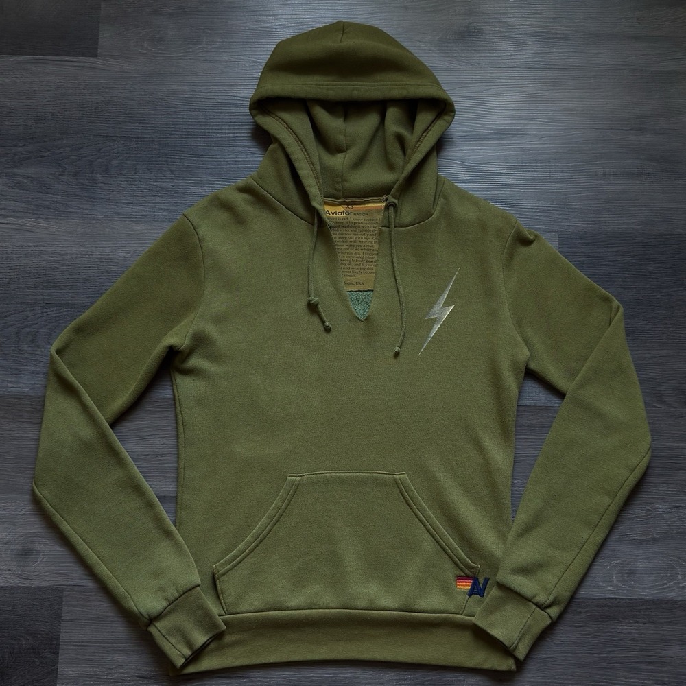 Aviator Nation Bolt Sweatshirt Hoodie Womens XS Olive Green Made USA Drawstring